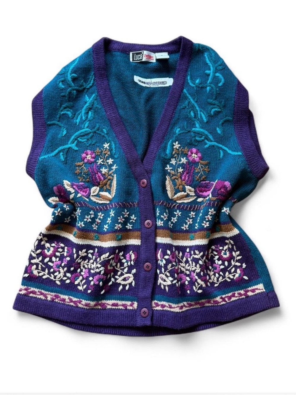 VTG Lucia Petites Cottage Grannycore Embroidered Vest Sz M Floral Festival